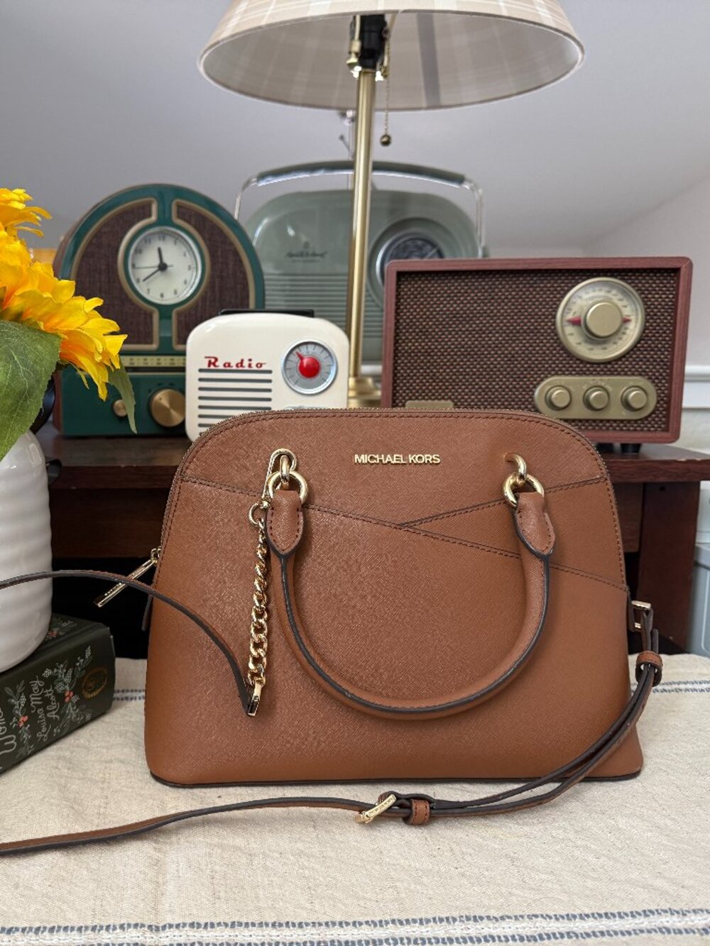 Michael Kors Brown Saffiano Leather Dome Satchel Crossbody